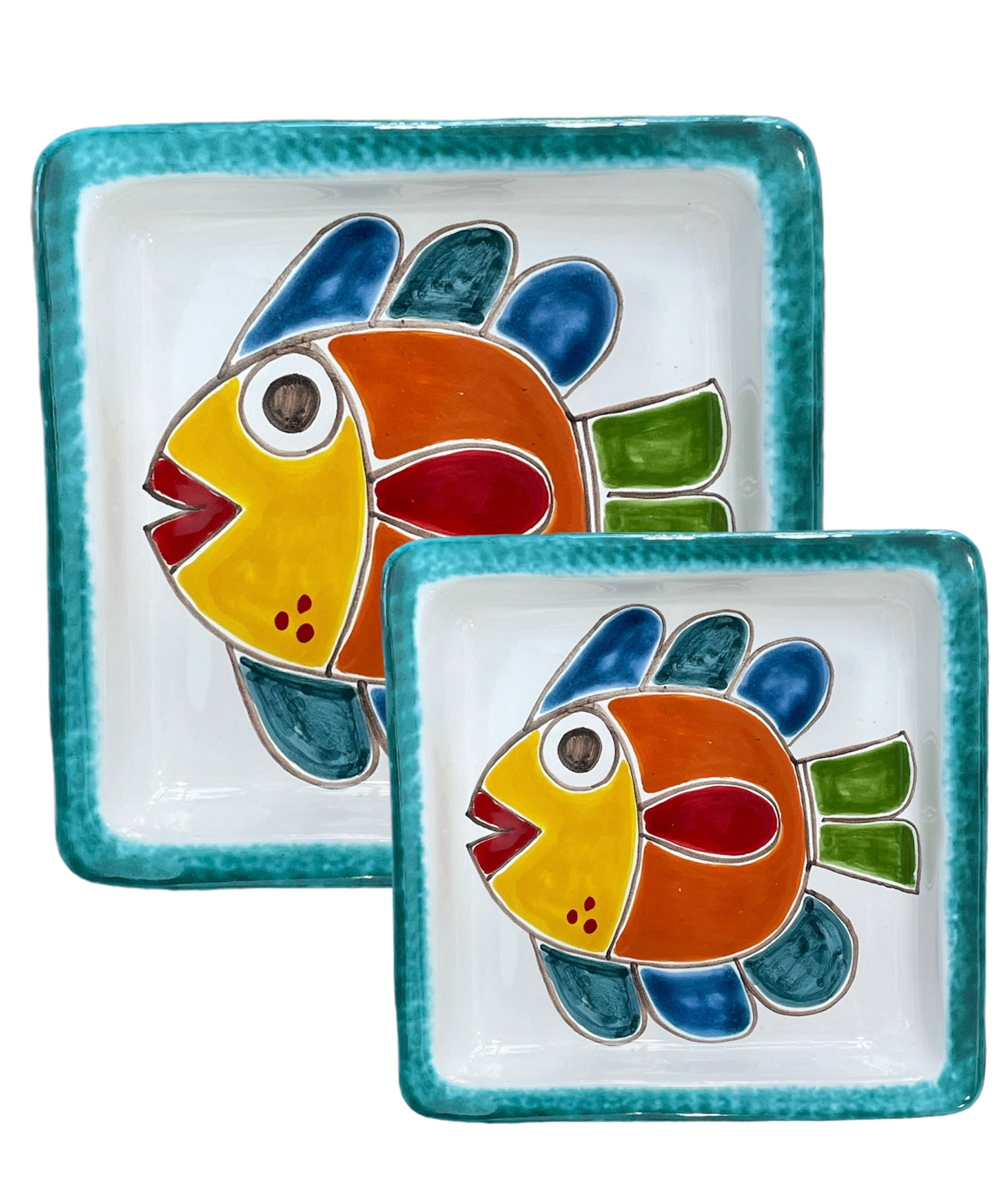 Square Plate with Green Fish Border